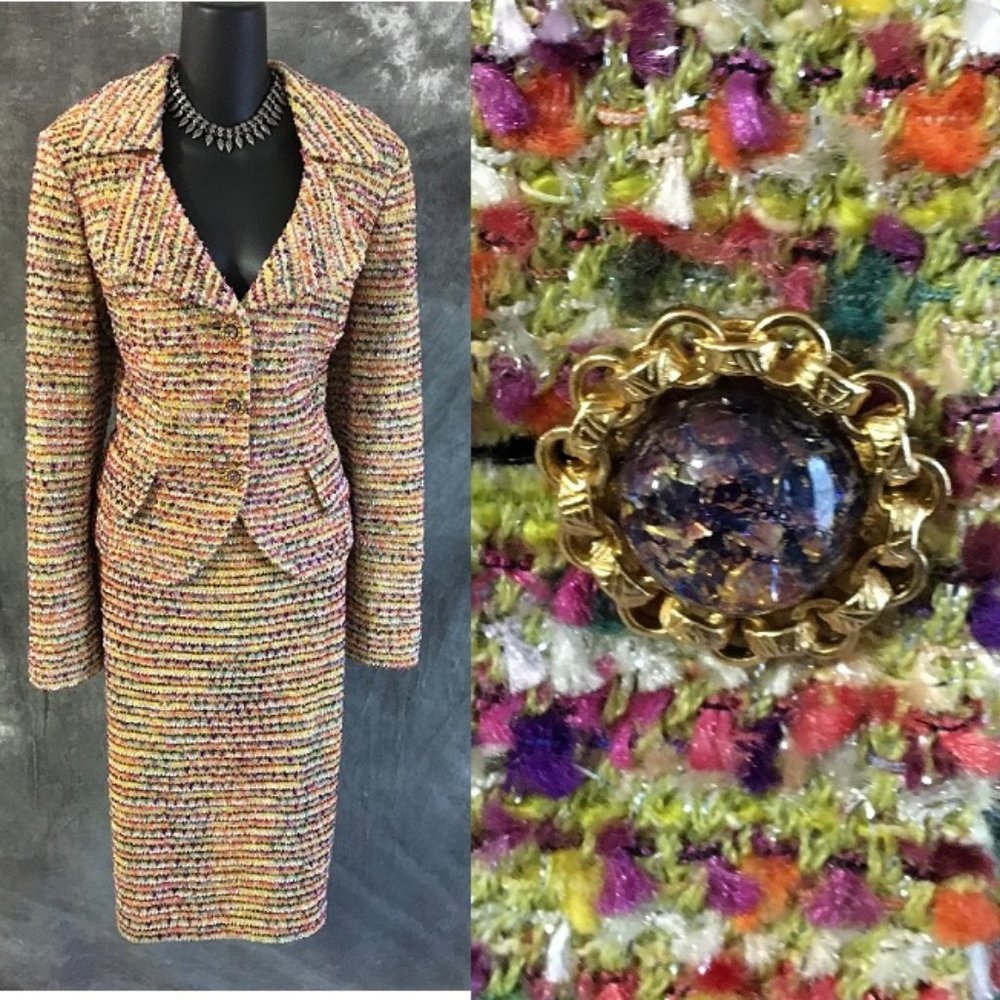 ST JOHN knit jacket green pink skirt suit size 12